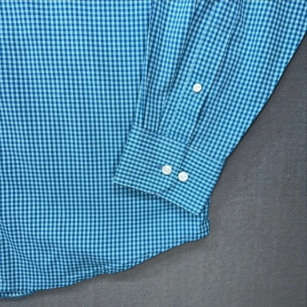 IZOD Button Down Shirt Mens M Blue Teal Gingham Non-Iron Stretch Long Sleeve
